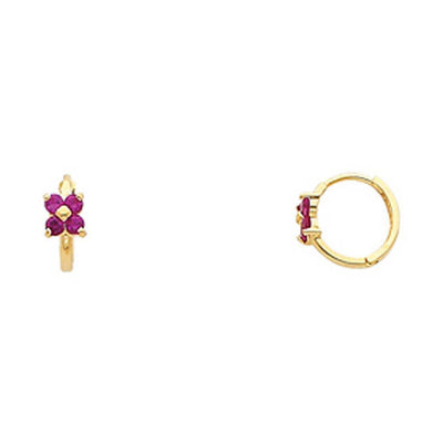 14k Yellow Gold Polished Prong Set Flower CZ Huggie Earrings With Hinge Backing
