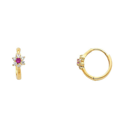 14k Yellow Gold Polished Prong Set Flower Fuchsia And Clear CZ Huggie Earrings With Hinge Backing