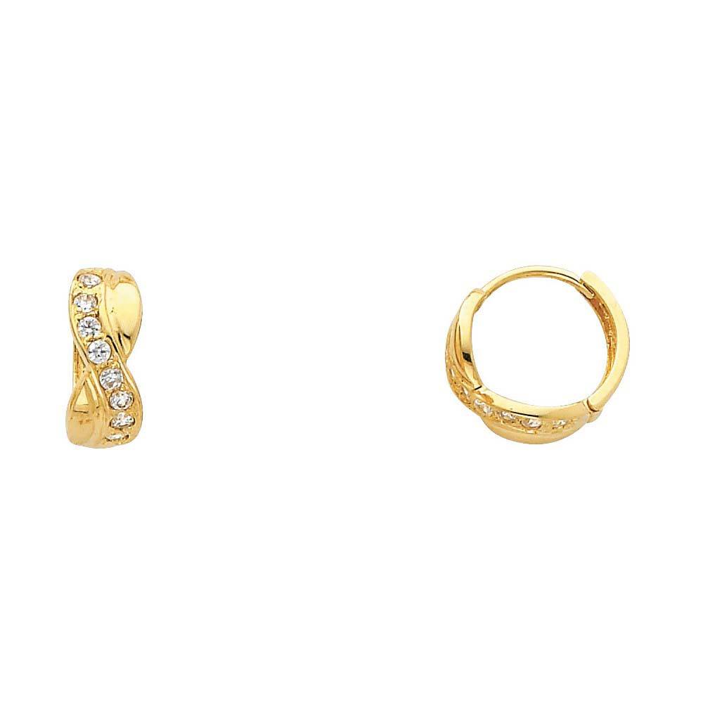14k Yellow Gold Polished Pave Set Infinity CZ Huggie Earrings With Hinge Backing