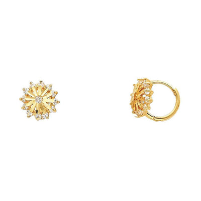 14k Yellow Gold Polished Prong Set Flower CZ Huggie Earrings With Hinge Backing