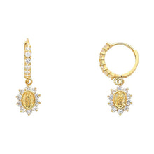 Load image into Gallery viewer, 14k Yellow Gold Hanging Our Lady Of Guadlupe CZ Huggies Earrings