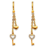14K Yellow Gold CZ Key Hanging Earrings