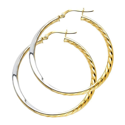 14K Two Tone Gold Medium Polish And Rope Design Latch And Hinge-Notch Post Backing Twisted Hoop Earrings