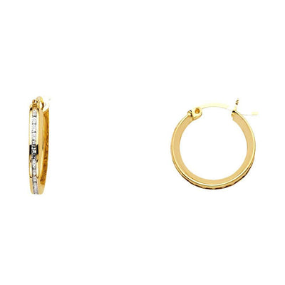 14K Yellow Gold 2mm Clear CZ Channel Hoop Earrings
