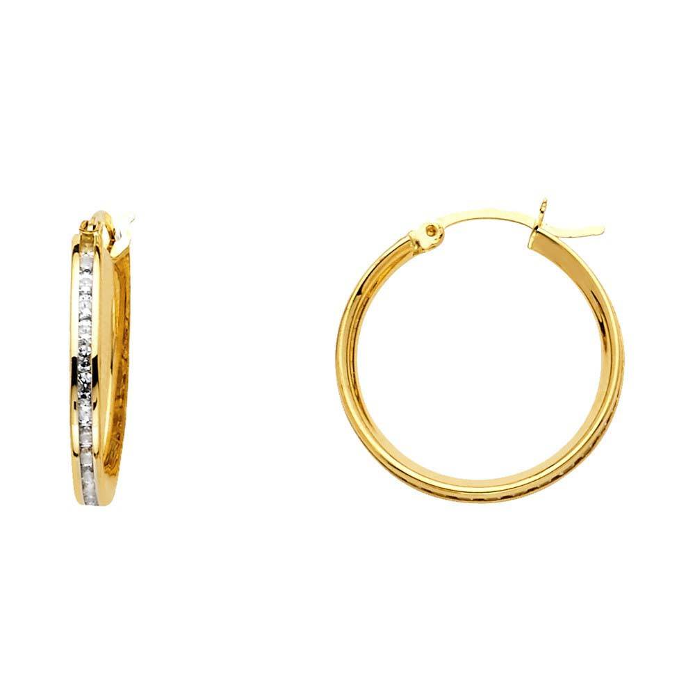 14K Yellow Gold 2mm Clear CZ Channel Hoop Earrings