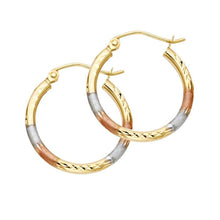 Load image into Gallery viewer, 14k Tri Color Gold 2mm Polished Small Diamond Cut Hoop Earrings
