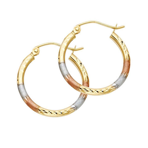 14k Tri Color Gold 2mm Polished Small Diamond Cut Hoop Earrings