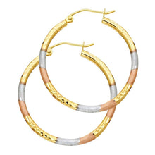 Load image into Gallery viewer, 14k Tri Color Gold 2mm Polished Medium Diamond Cut Hoop Earrings