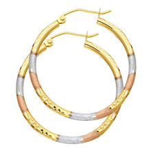 Load image into Gallery viewer, 14k Tri Color Gold 2mm Polished Medium Diamond Cut Hoop Earrings