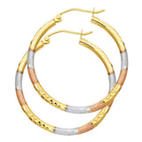 14k Tri Color Gold 2mm Polished Medium Diamond Cut Hoop Earrings