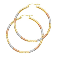 Load image into Gallery viewer, 14k Tri Color Gold 2mm Polished Medium Diamond Cut Hoop Earrings
