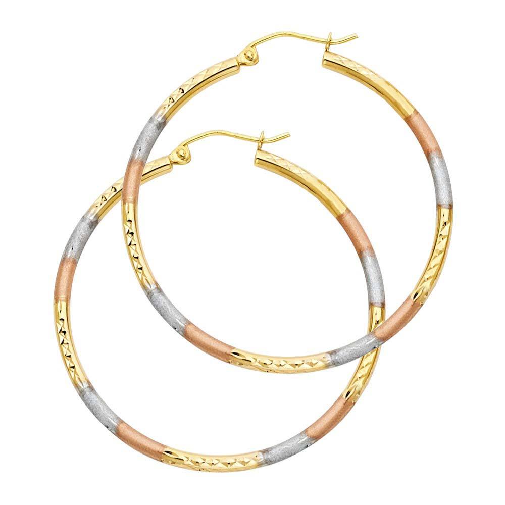 14k Tri Color Gold 2mm Polished Medium Diamond Cut Hoop Earrings