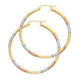 14k Tri Color Gold 2mm Polished Medium Diamond Cut Hoop Earrings