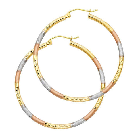 14k Tri Color Gold 2mm Polished Medium Diamond Cut Hoop Earrings