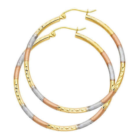 14k Tri Color Gold 2mm Polished Medium Diamond Cut Hoop Earrings