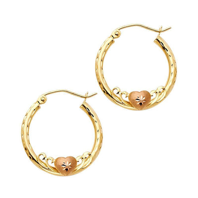 14k Yellow Gold 2mm Small Heart Diamond Cut Hoop Earrings