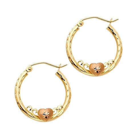 14k Yellow Gold 2mm Small Heart Diamond Cut Hoop Earrings