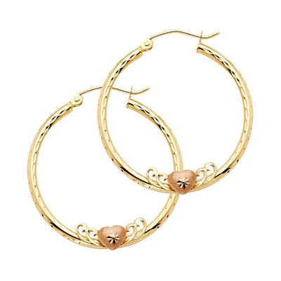 14k Yellow Gold 2mm Medium Heart Diamond Cut Hoop Earrings