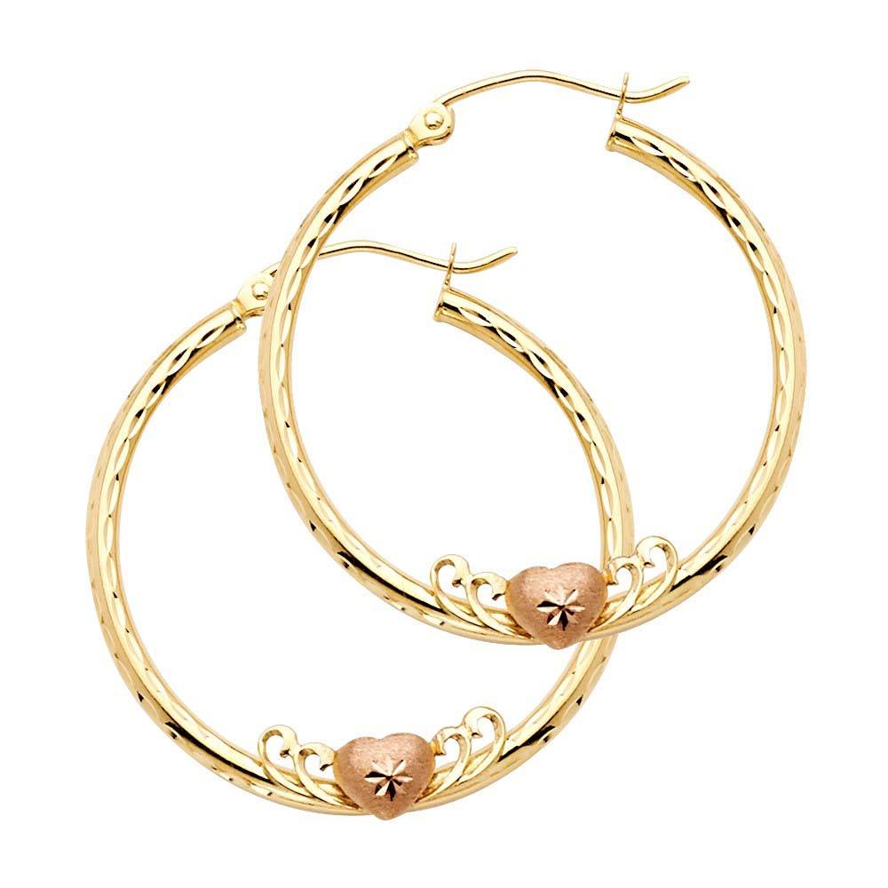 14k Yellow Gold 2mm Medium Heart Diamond Cut Hoop Earrings