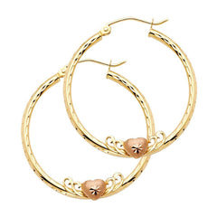 14k Yellow Gold 2mm Medium Heart Diamond Cut Hoop Earrings