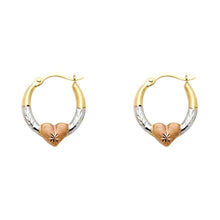 Load image into Gallery viewer, 14k Tri Color Gold 14mm Small Heart Diamond Cut Oval Hoop Earrings