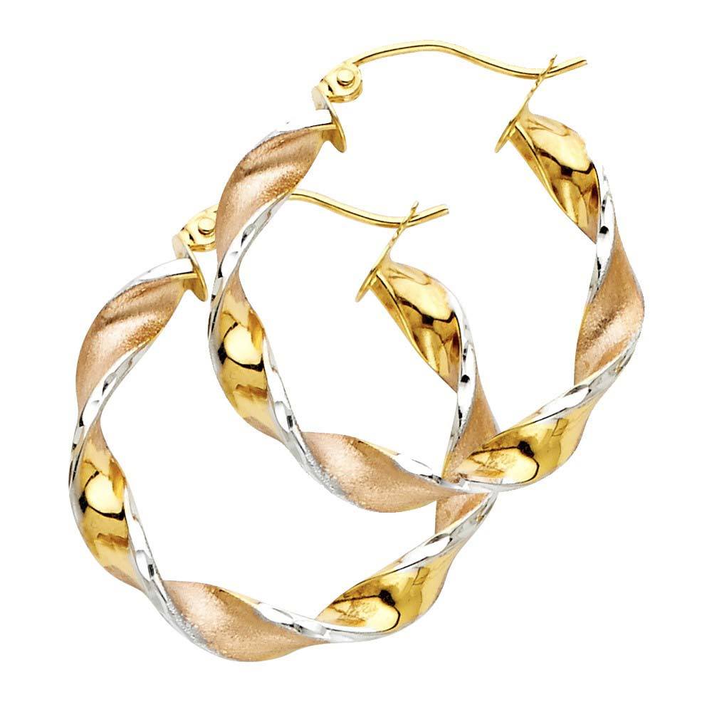 14K Tri Color Gold 4mm Swirl Medium Latch And Hinge-Notch Post Backing Twisted Satin Polished Hoop Earrings