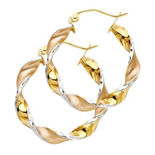 Load image into Gallery viewer, 14K Tri Color Gold 4mm Swirl Medium Latch And Hinge-Notch Post Backing Twisted Satin Polished Hoop Earrings