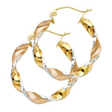 14K Tri Color Gold 4mm Swirl Medium Latch And Hinge-Notch Post Backing Twisted Satin Polished Hoop Earrings