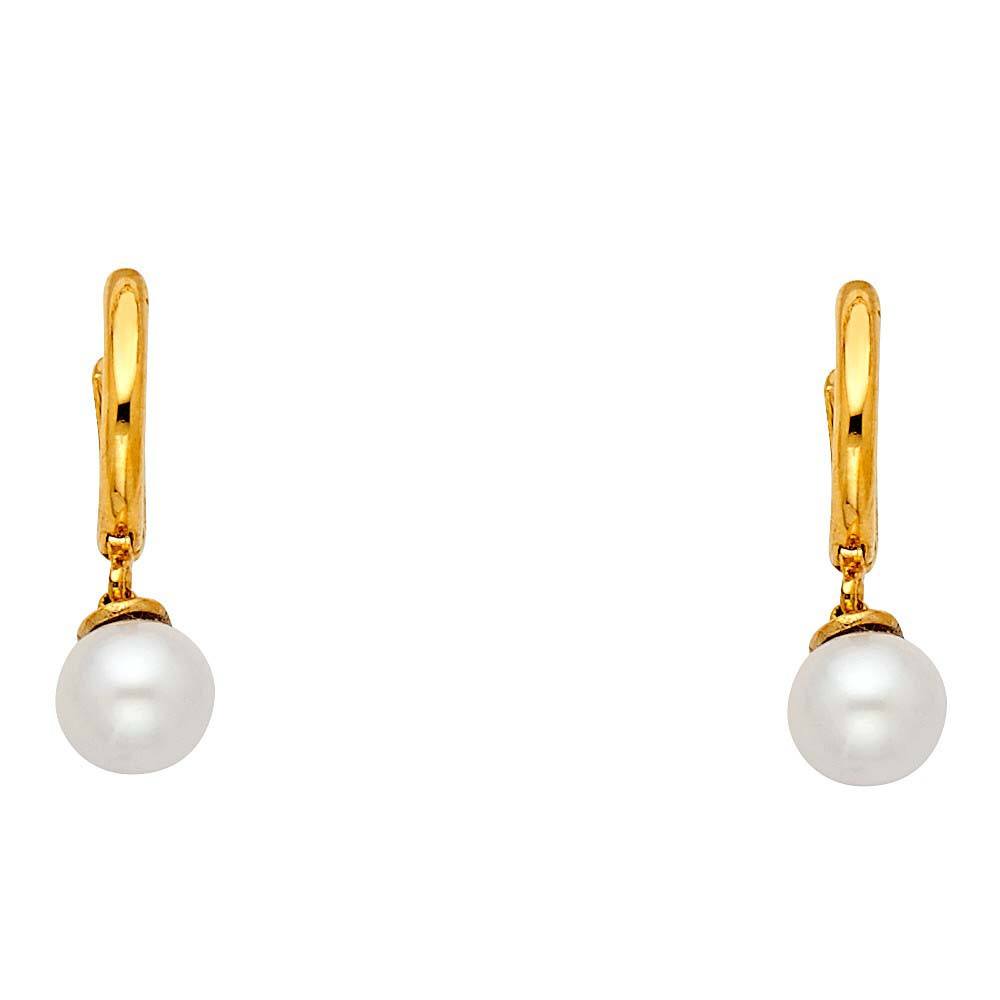 14K Yellow Gold Hanging Earrings With 6mm Diameter Pearl