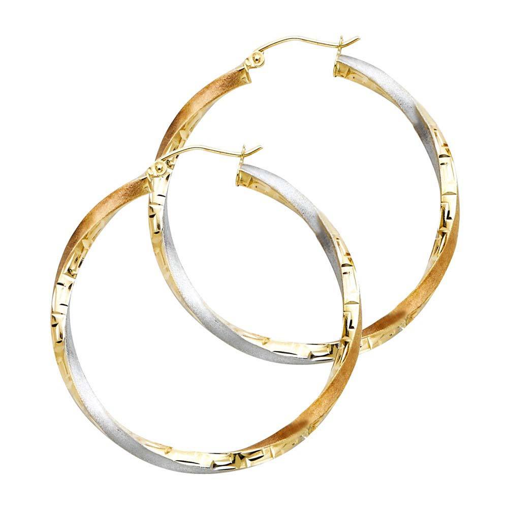14K Tri Color Gold 2.5mm Medium Twisted Satin And Polished Greek key Design For Extra Sparkle Hoop Earrings