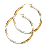 14K Tri Color Gold 3mm Medium Twisted Satin And Polished Greek key Design For Extra Sparkle Hoop Earrings