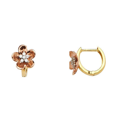 14K Two Tone Gold Polished Flower CZ Huggie Earrings