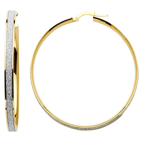 14K Two Tone Gold 4mm Shimmer Satin Glittery White Finish Sparkling Center Latch And Hinge-Notch Post Backing Large Hoop Earrings