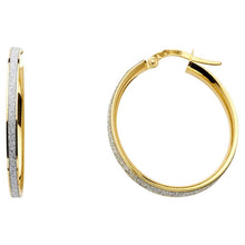 Load image into Gallery viewer, 14K Two Tone Gold Shimmer Satin And Polished Medium Latch And Hinge-Notch Post Backing Hoop Earrings