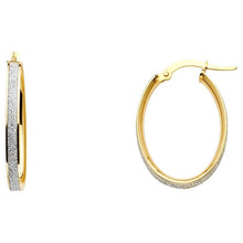 Load image into Gallery viewer, 14K Two Tone Gold 4mm Shimmer Satin And Polished Small Oval Sparkling Center Latch And Hinge-Notch Post Backing Medium Hoop Earrings