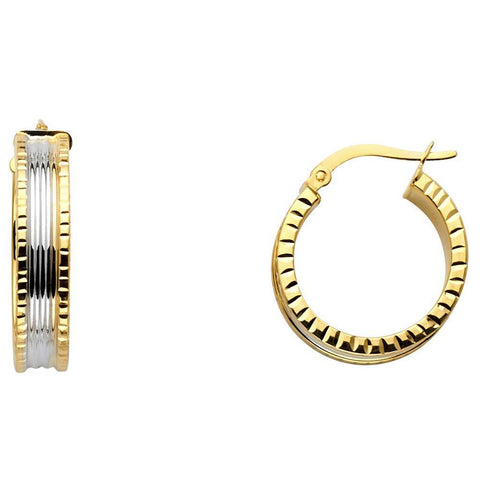 14K Two Tone Gold 6mm Diamond Cut Polished Finish Faceted Wide Small Latch And Hinge-Notch Post Backing Hoop Earrings