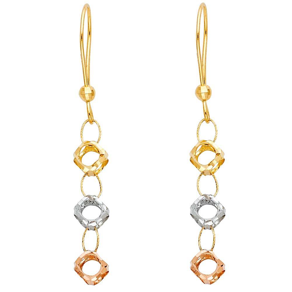 14K Tri Color Perforated Ball Hanging Earrings