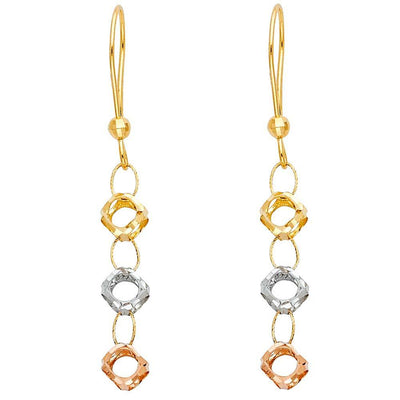 14K Tri Color Perforated Ball Hanging Earrings