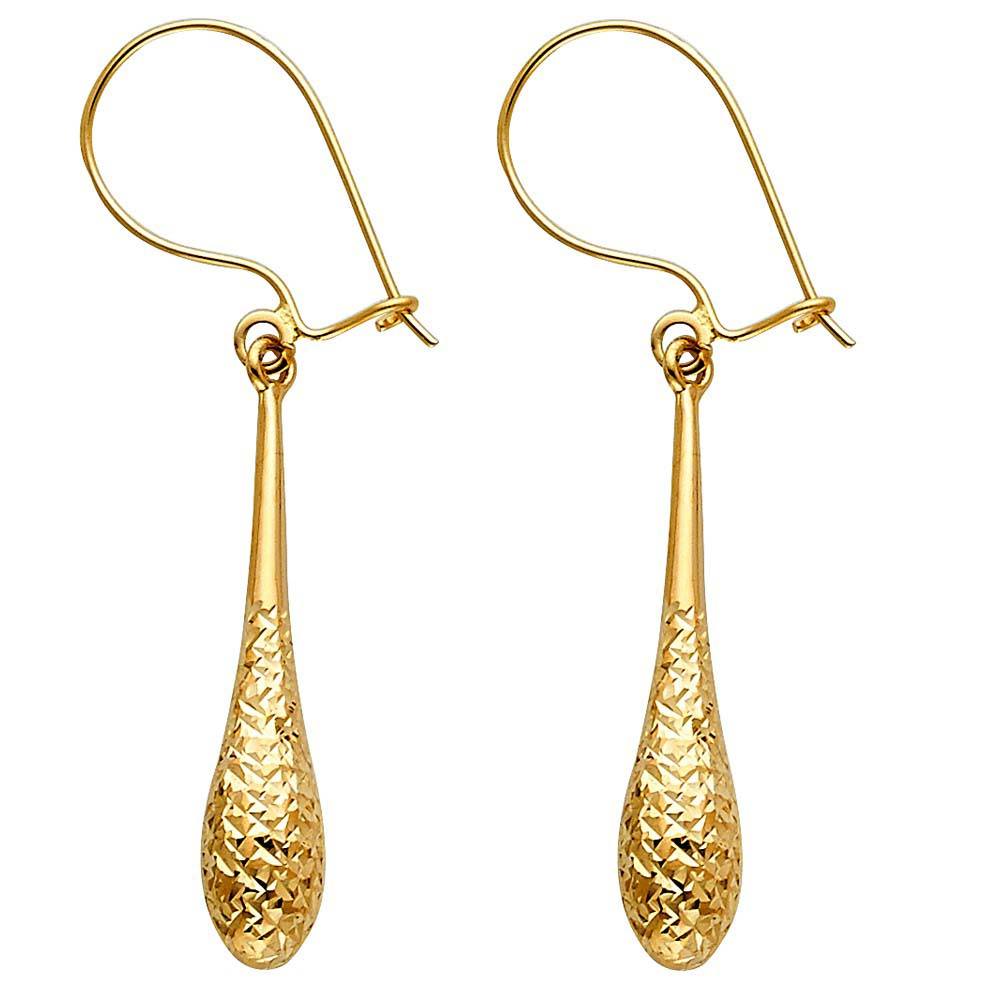 14K Yellow Gold Diamond Cut Hollow Teardrop Hanging Earrings