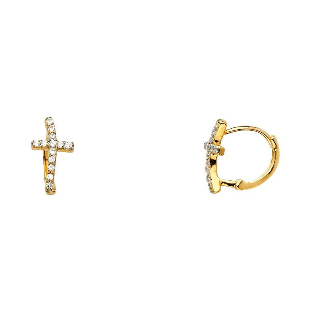 14K Yellow Gold Curved CZ Cross Huggies Earrings