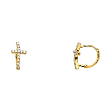 Load image into Gallery viewer, 14K Yellow Gold Curved CZ Cross Huggies Earrings