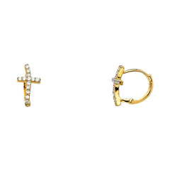 14K Yellow Gold Curved CZ Cross Huggies Earrings