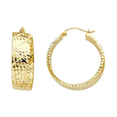 14K Yellow Gold Hollow Wide Medium Crisscross Polished Full Diamond Cut Latch And Hinge-Notch Post Backing Hoop Earrings