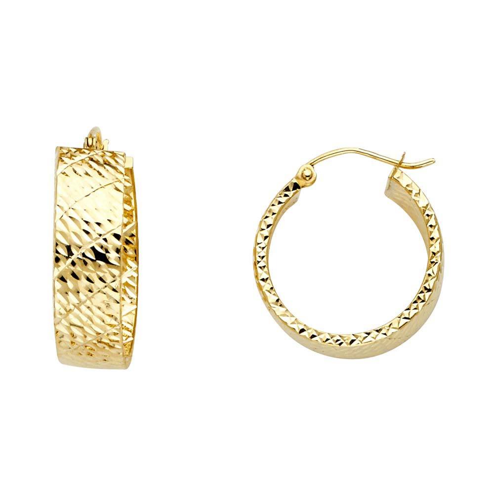 14K Yellow Gold Hollow Wide Small Crisscross Polished Full Diamond Cut Latch And Hinge-Notch Post Backing Hoop Earrings