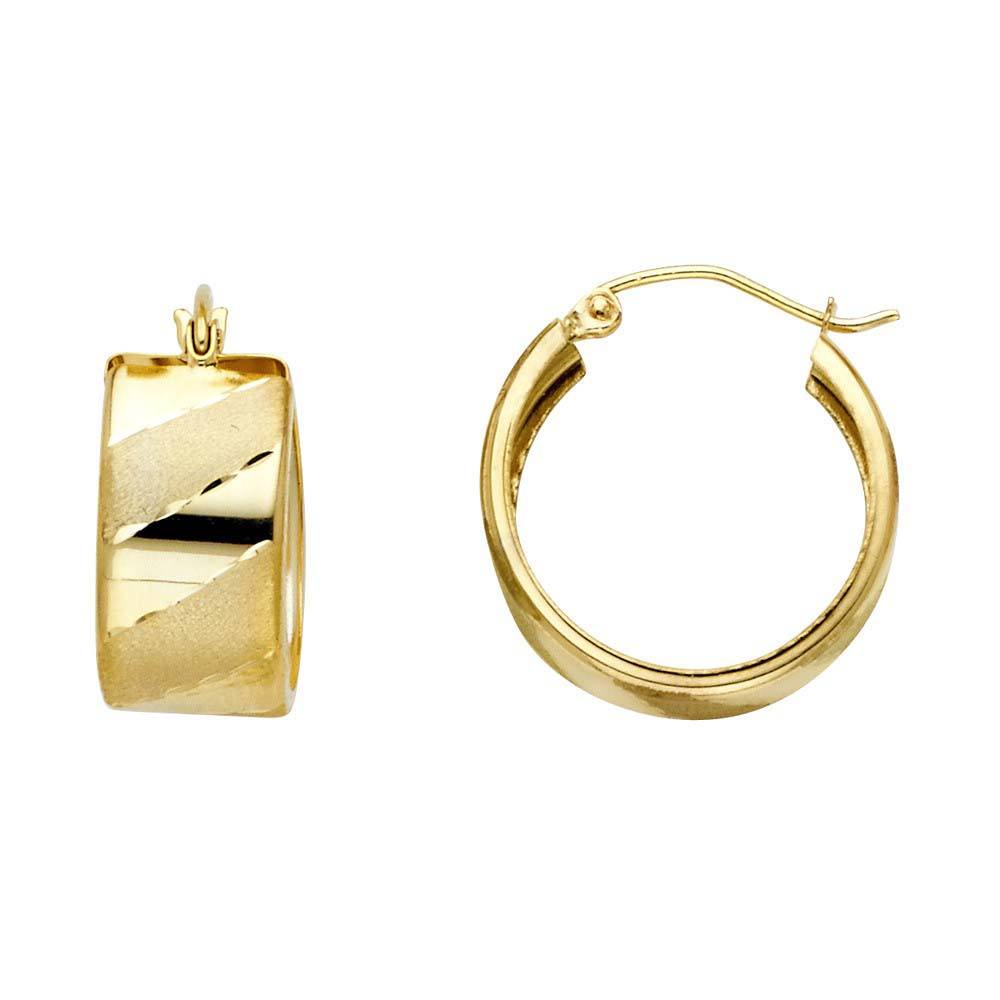14K Yellow Gold Small Polished And Satin Pattern ST Wide Diagonal Diamond Cut Latch And Hinge-Notch Post Backing Hoop Earrings