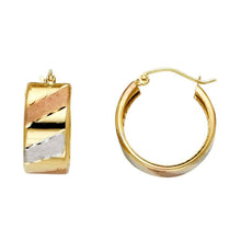 Load image into Gallery viewer, 14K Tri Color Gold Small Polished And Satin Pattern ST Wide Diagonal Diamond Cut Latch And Hinge-Notch Post Backing Hoop Earrings