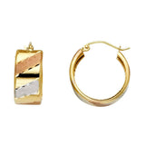 14K Tri Color Gold Small Polished And Satin Pattern ST Wide Diagonal Diamond Cut Latch And Hinge-Notch Post Backing Hoop Earrings