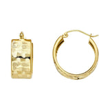14K Yellow Gold Small Basket Polished Pattern ST Wide Diamond Cut Design Latch And Hinge-Notch Post Backing Hoop Earrings