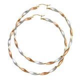 14K Tri Color Curled Polished And Stain Extra Large Twisted Latch and Hinge-Notch Post Backing Hoop Earrings