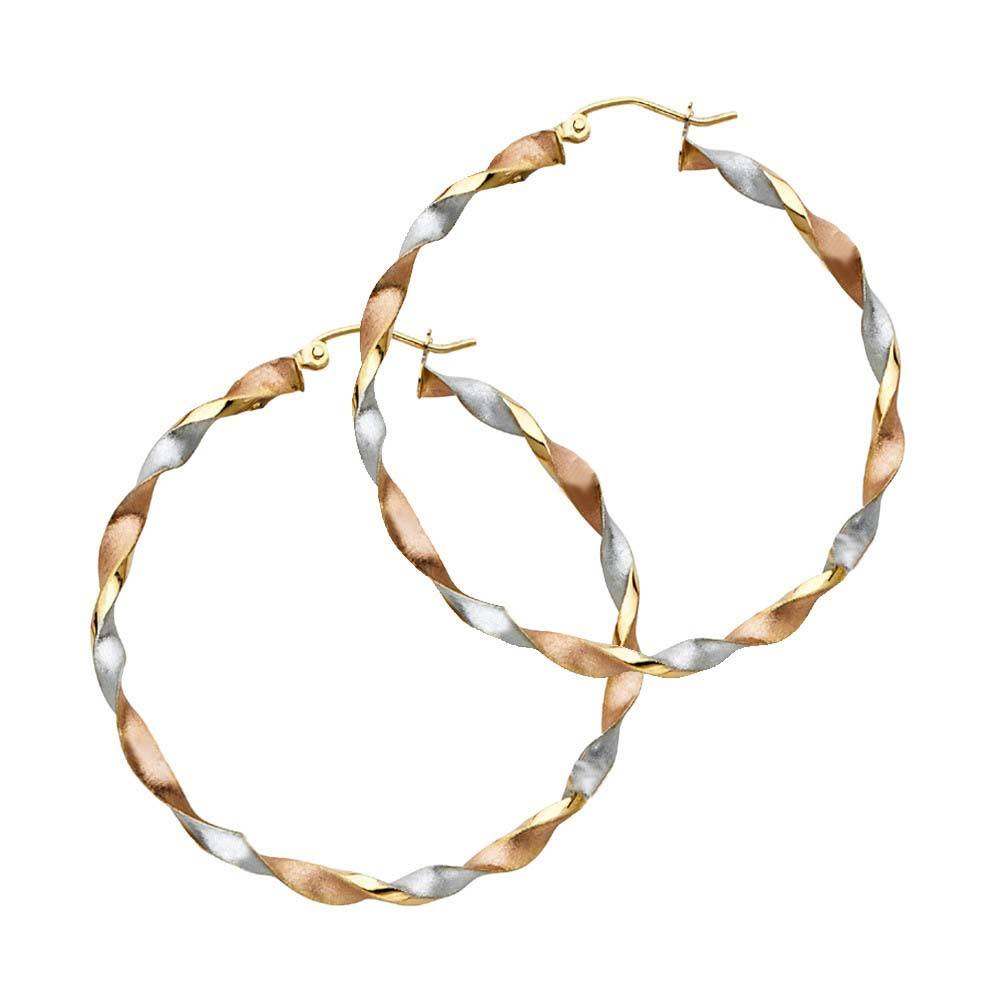 14K Tri Color Curled Polished And Stain Large Twisted Latch and Hinge-Notch Post Backing Hoop Earrings